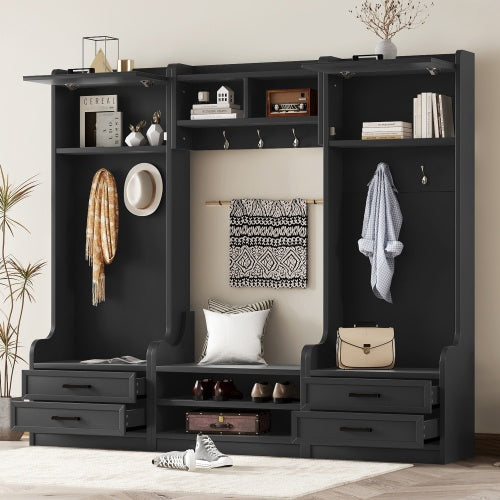 4-in-1 Detachable Hall Tree With Storage And 7 Hooks, Multiple Functions Hallway Coat Rack With Storage Drawers And Cabinet, Black Shoe Bench For Entryway Hallway