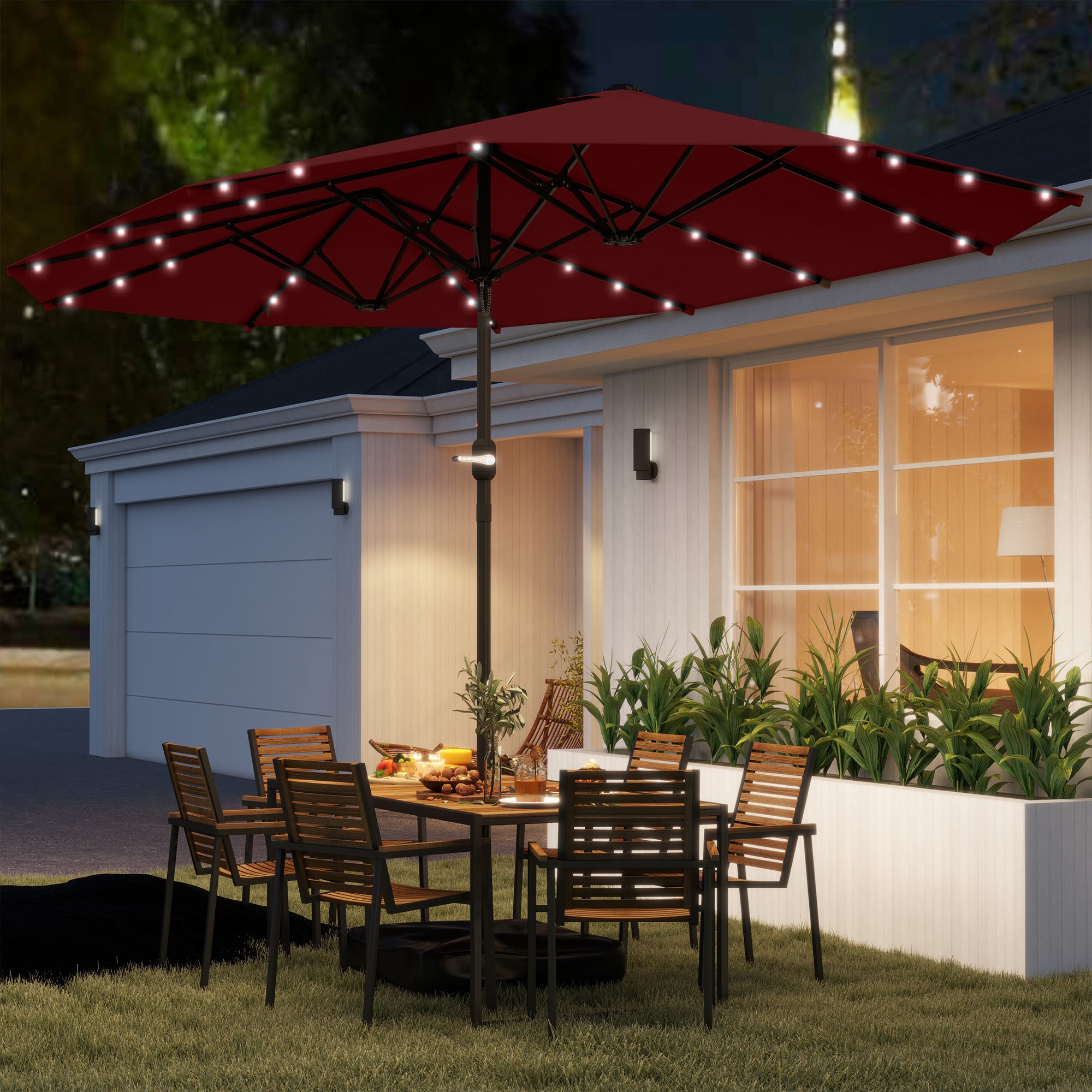 Garden Parasol 14.4ft Double-Sided Sun Umbrella With Base, Patio Parasol With LED Solar Lights, Wine Red