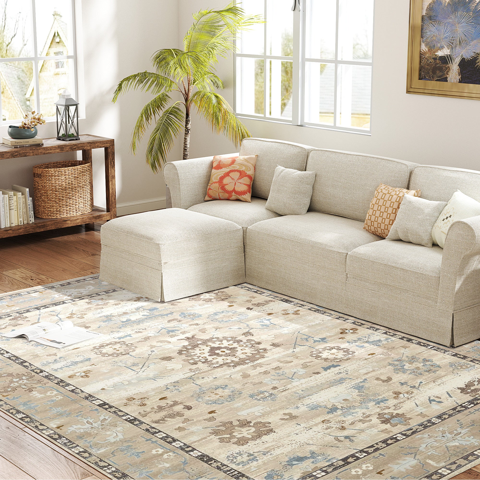 9x12 Area Rug, Indoor Boho Machine Washable Carpet For Living Room, Bedroom, Dining Room, Kitchen, Blue