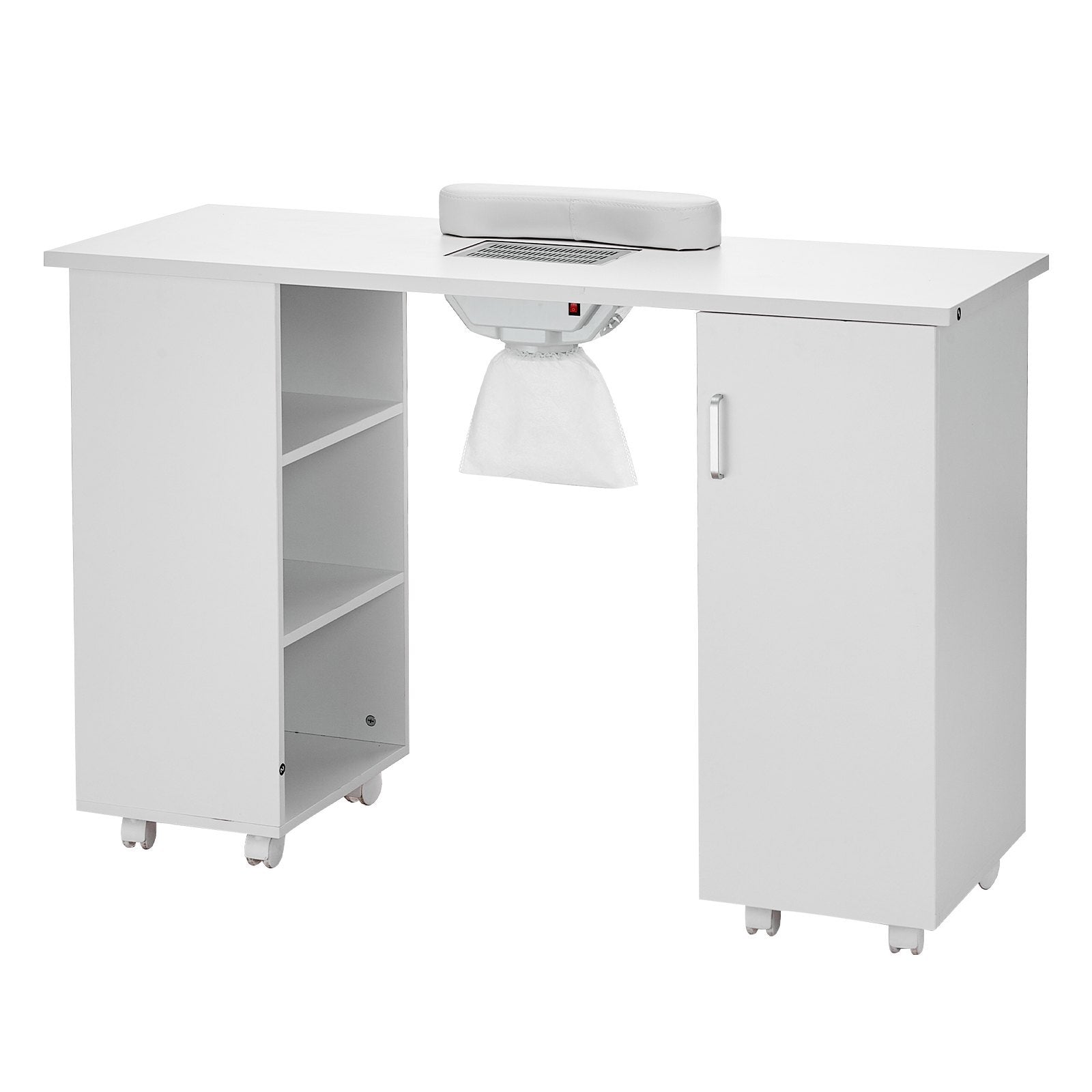 Manicure Table, Nail Table Station With Electric Dust Collector, Moveable Nail Tech Desk With 8 Wheels 4 Lockable, 3 Dust Bag & Wrist Rest, MDF Nail Art Workstation For Spa Beauty Salon, White