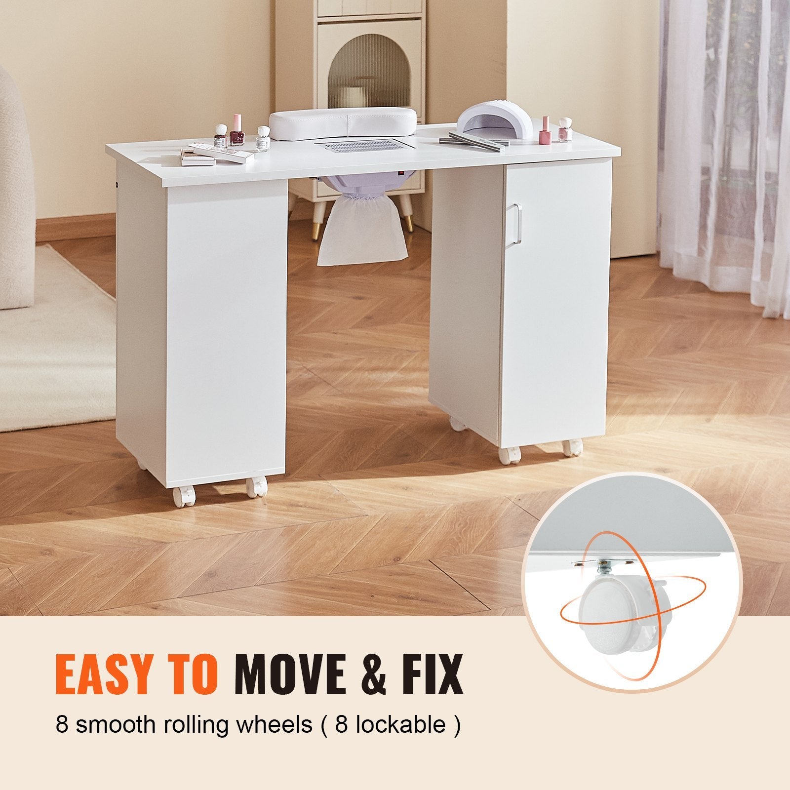 Manicure Table, Nail Table Station With Electric Dust Collector, Moveable Nail Tech Desk With 8 Wheels 4 Lockable, 3 Dust Bag & Wrist Rest, MDF Nail Art Workstation For Spa Beauty Salon, White