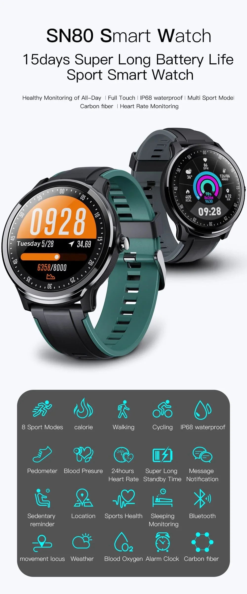 SN80 Smart Watch - Fitness Tracker with Heart Rate Monitor & Sleep Tracking