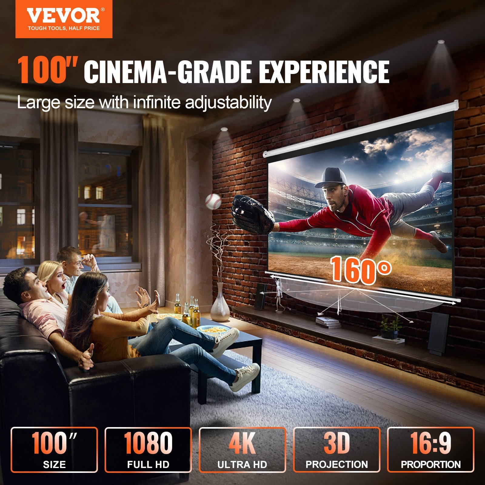 Manual Projector Screen, 100 Inch 16:9 4K 1080 HD Retractable Pull Down Projector Screen, Auto-Locking Portable Movie Screen For Family Home Office Theater