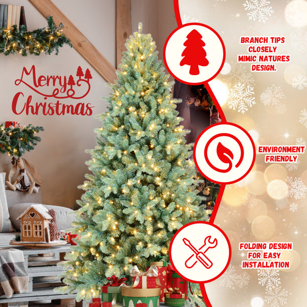 Artificial 9ft Blue Green Tint Christmas Tree With 3268 PE PVC Mixed Branch Tips, 800L Warm White Led, Memory Wire Iron Wire, Hinged Premium & Foldable Base For Indoor Holiday Decorating