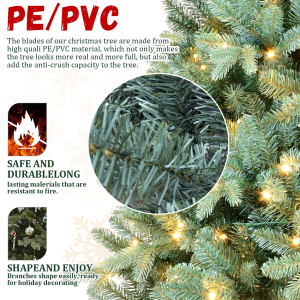 Artificial 9ft Blue Green Tint Christmas Tree With 3268 PE PVC Mixed Branch Tips, 800L Warm White Led, Memory Wire Iron Wire, Hinged Premium & Foldable Base For Indoor Holiday Decorating
