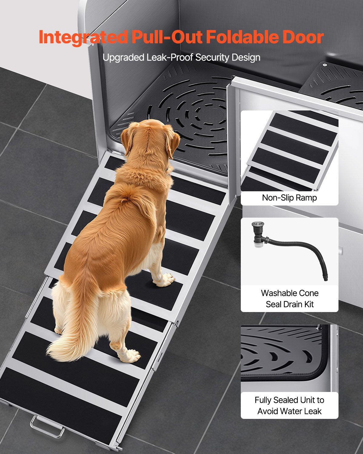Stainless Steel Dog Washing Station, 127 Cm Pet Grooming Tub W/ Ramp, Faucet & Showerhead & Soap Holder Leash Dog Bathtub For Large & Medium & Small Pets (Left Door)