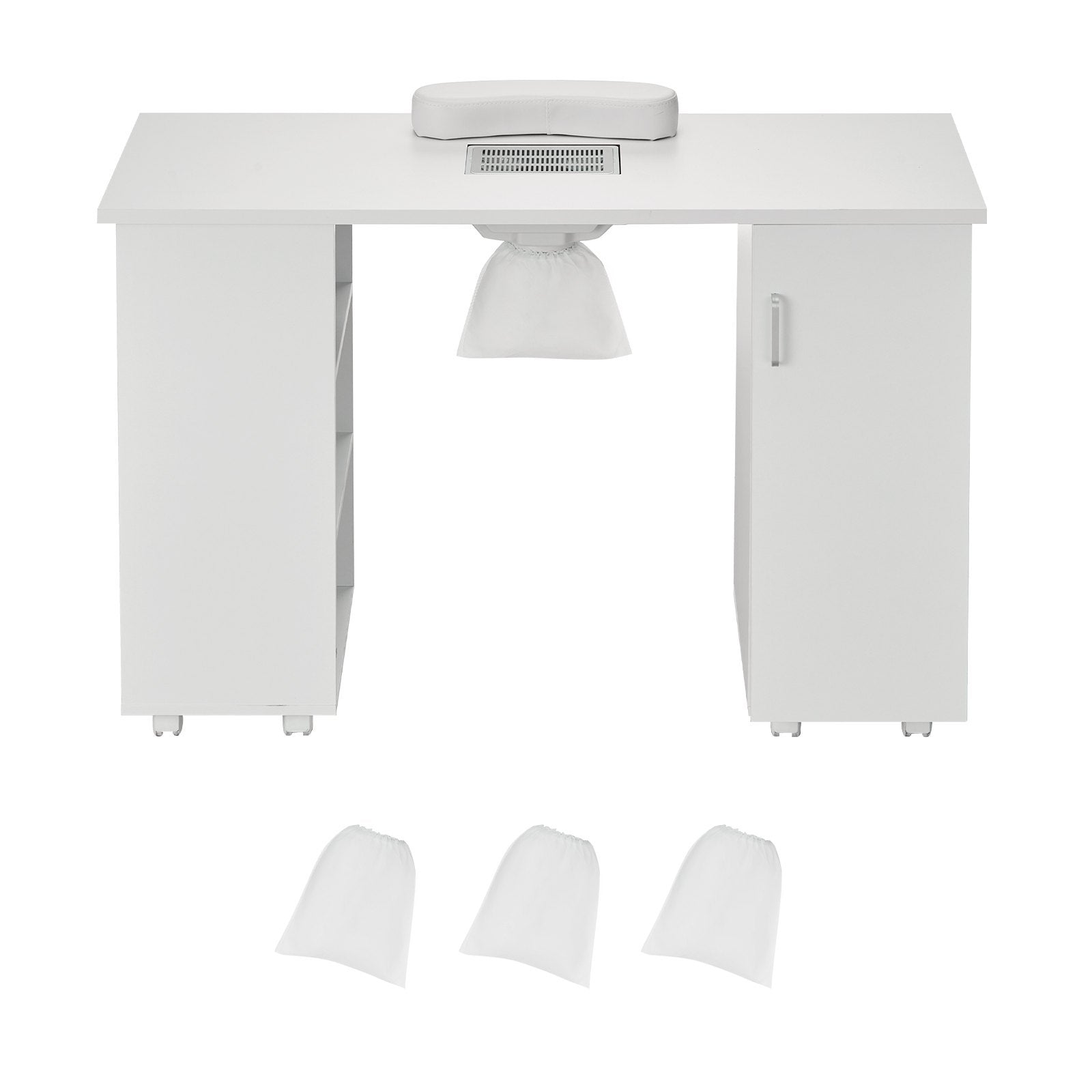 Manicure Table, Nail Table Station With Electric Dust Collector, Moveable Nail Tech Desk With 8 Wheels 4 Lockable, 3 Dust Bag & Wrist Rest, MDF Nail Art Workstation For Spa Beauty Salon, White