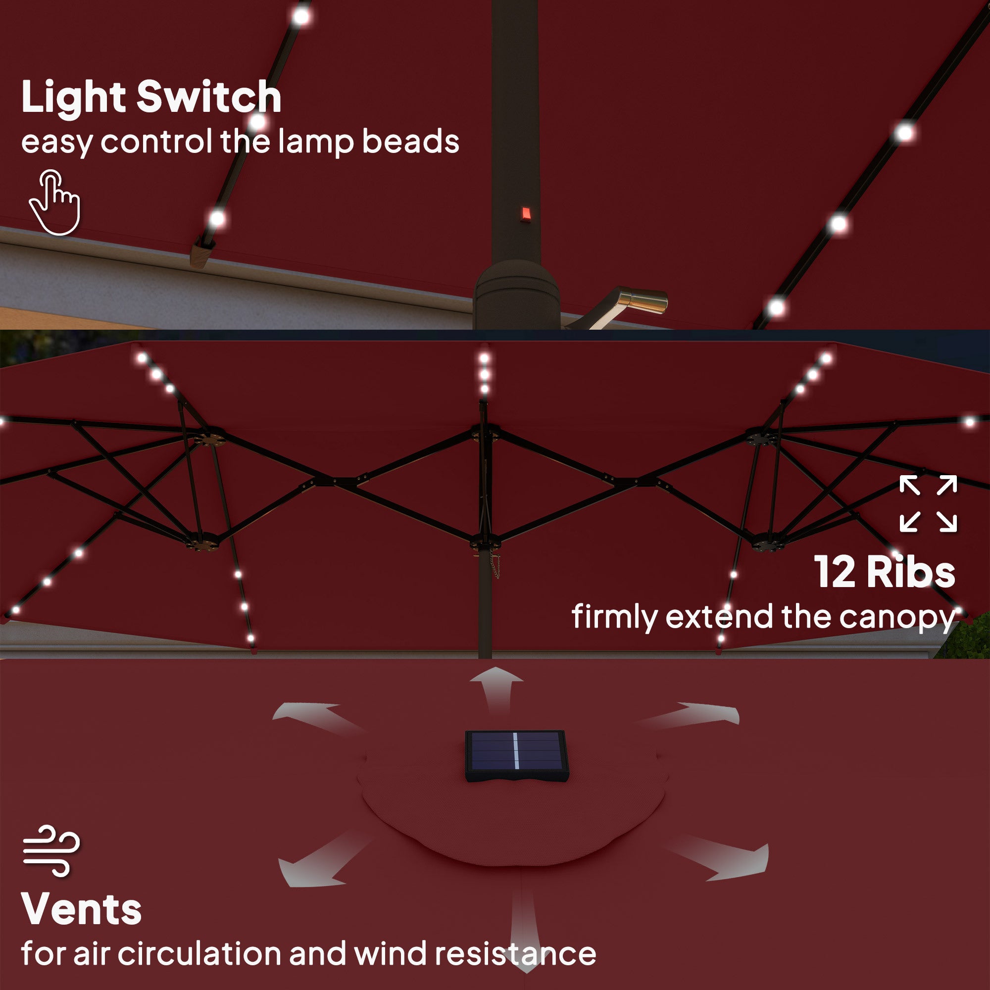 Garden Parasol 14.4ft Double-Sided Sun Umbrella With Base, Patio Parasol With LED Solar Lights, Wine Red