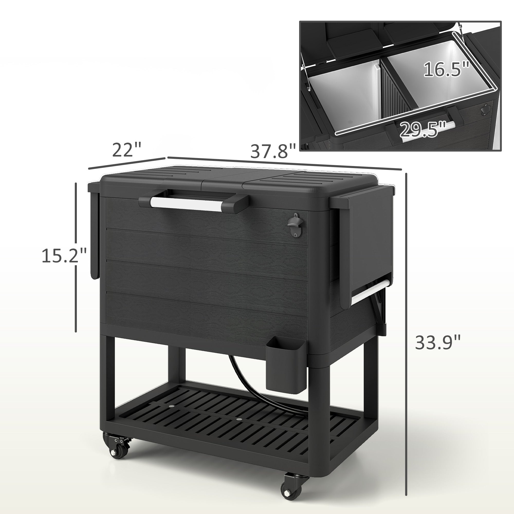 104 Quart Large Capacity Outdoor Cooler Cart, Patio Rolling Ice Chest With Bottle Opener Shelves Wheels, Black