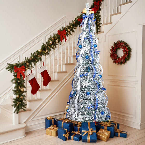 7 FT Snow Flocked Pre-lit Artificial Pop Up Christmas Tree With 200 Warm Lights And Blue & Silver Ornaments For Home Office Store Holiday Deco