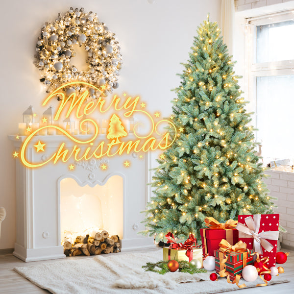 Artificial 9ft Blue Green Tint Christmas Tree With 3268 PE PVC Mixed Branch Tips, 800L Warm White Led, Memory Wire Iron Wire, Hinged Premium & Foldable Base For Indoor Holiday Decorating