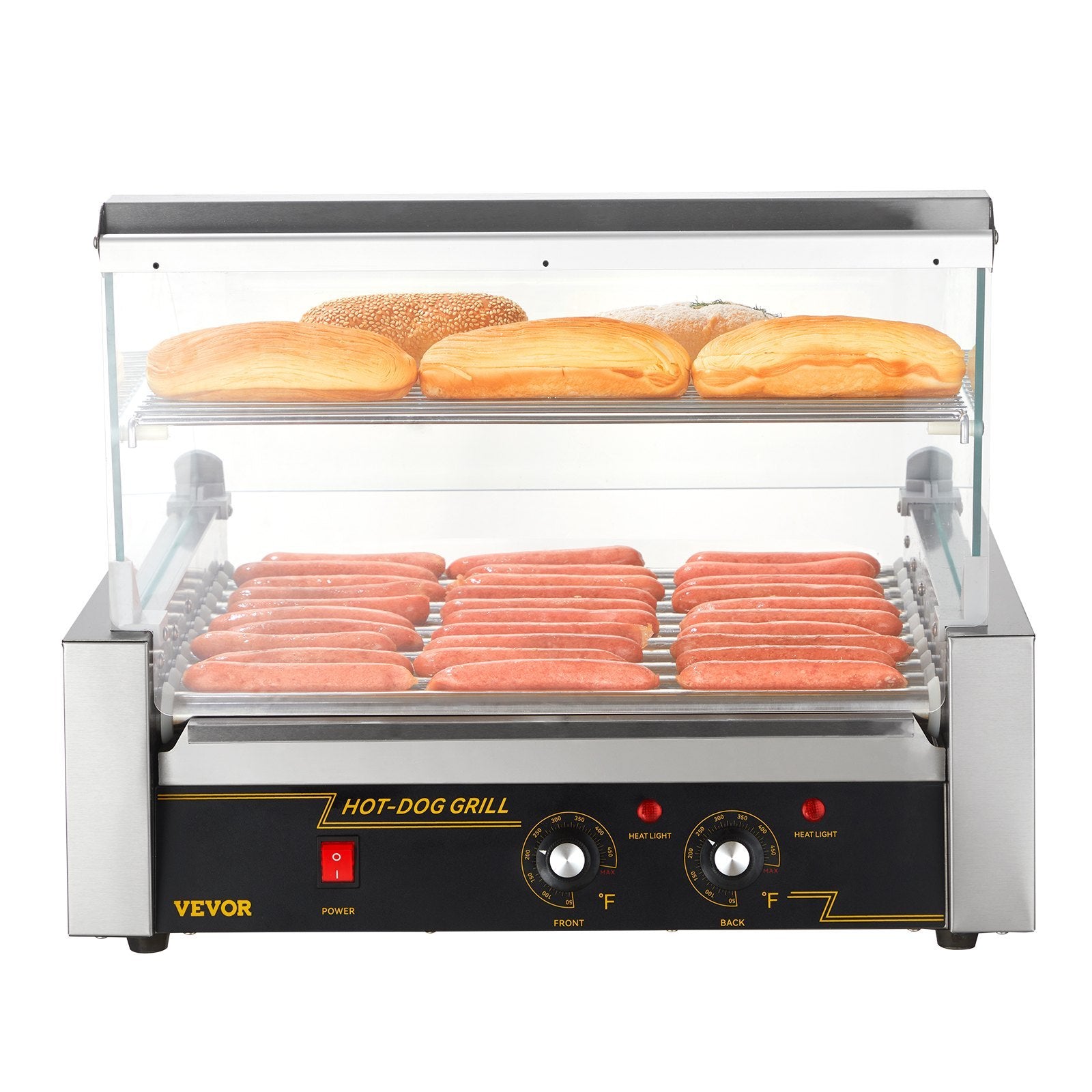 Hot Dog Roller, 11 Rollers 30 Hot Dogs Capacity, 1650W Stainless Sausage Grill Cooker Machine With Dual Temp Control Glass Hood Acrylic Cover Bun Warmer Shelf Removable Drip Tray, ETL Certified