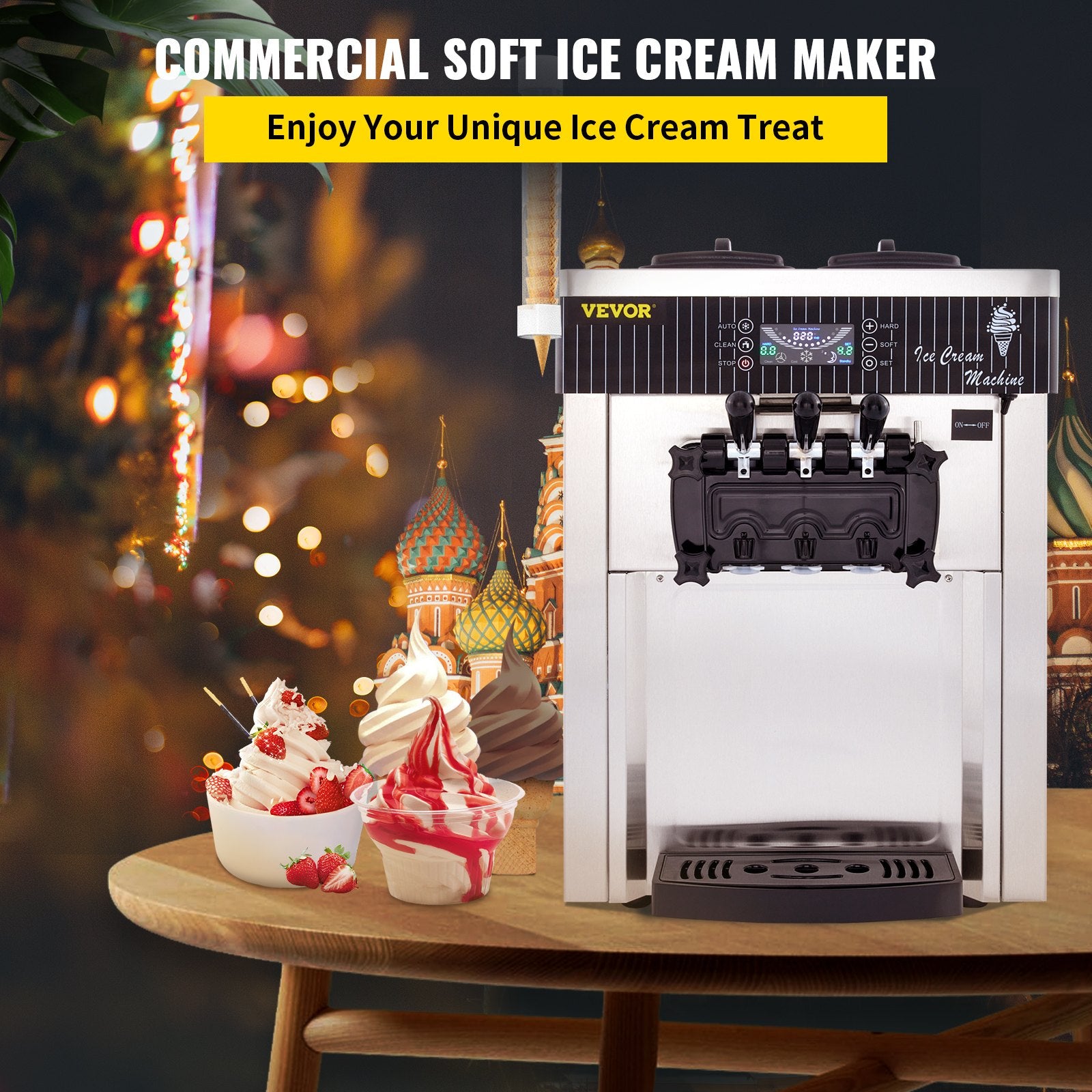 VEVOR Commercial Ice Cream Machine 5.3 To 7.4Gal Per Hour Soft Serve With LED Display Auto Clean 3 Flavors Perfect For Restaurants Snack Bar, 2200W, Sliver