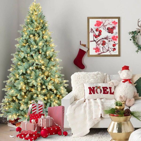 Artificial 9ft Blue Green Tint Christmas Tree With 3268 PE PVC Mixed Branch Tips, 800L Warm White Led, Memory Wire Iron Wire, Hinged Premium & Foldable Base For Indoor Holiday Decorating