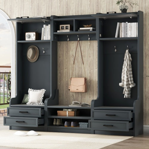 4-in-1 Detachable Hall Tree With Storage And 7 Hooks, Multiple Functions Hallway Coat Rack With Storage Drawers And Cabinet, Black Shoe Bench For Entryway Hallway