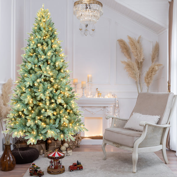 Artificial 9ft Blue Green Tint Christmas Tree With 3268 PE PVC Mixed Branch Tips, 800L Warm White Led, Memory Wire Iron Wire, Hinged Premium & Foldable Base For Indoor Holiday Decorating