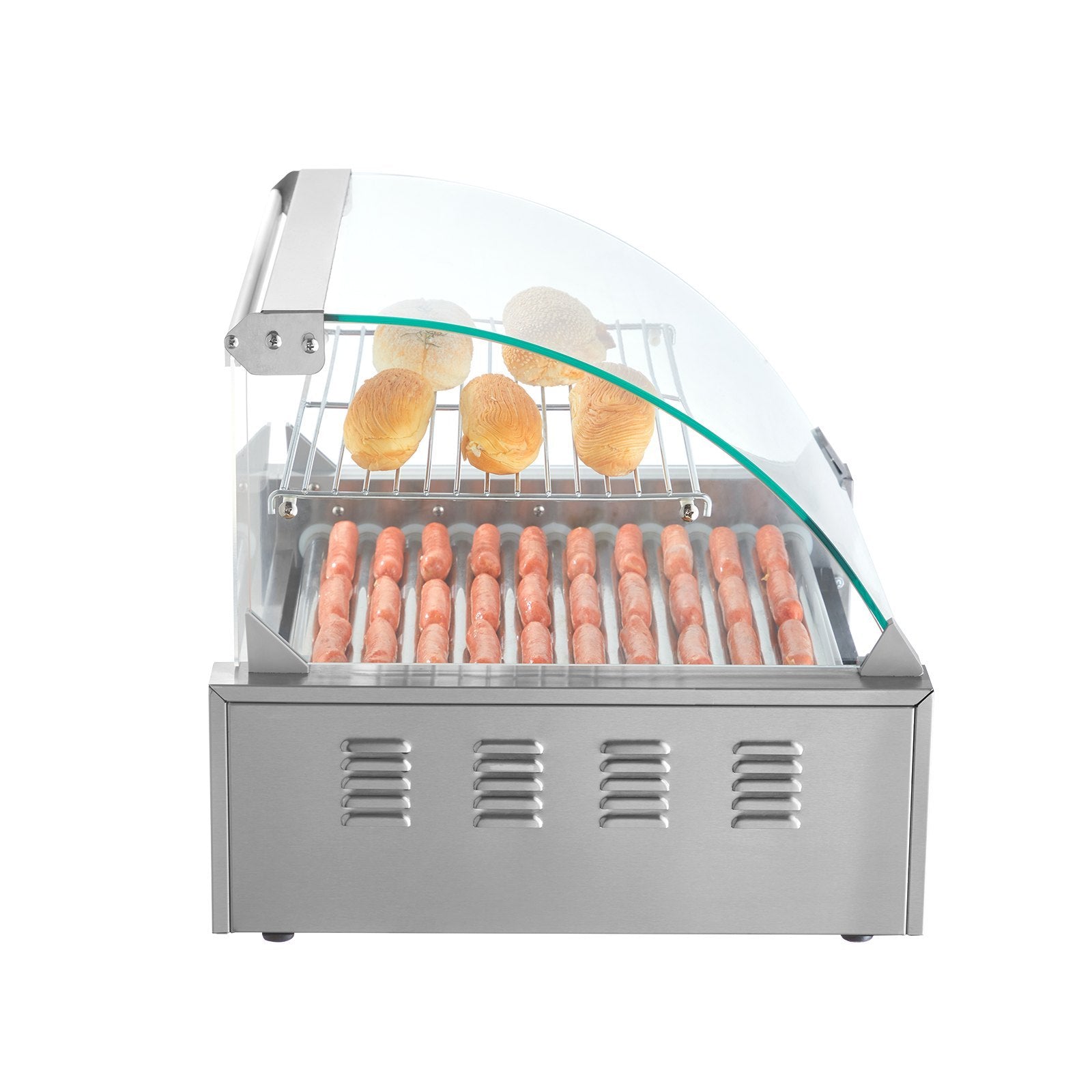 Hot Dog Roller, 11 Rollers 30 Hot Dogs Capacity, 1650W Stainless Sausage Grill Cooker Machine With Dual Temp Control Glass Hood Acrylic Cover Bun Warmer Shelf Removable Drip Tray, ETL Certified