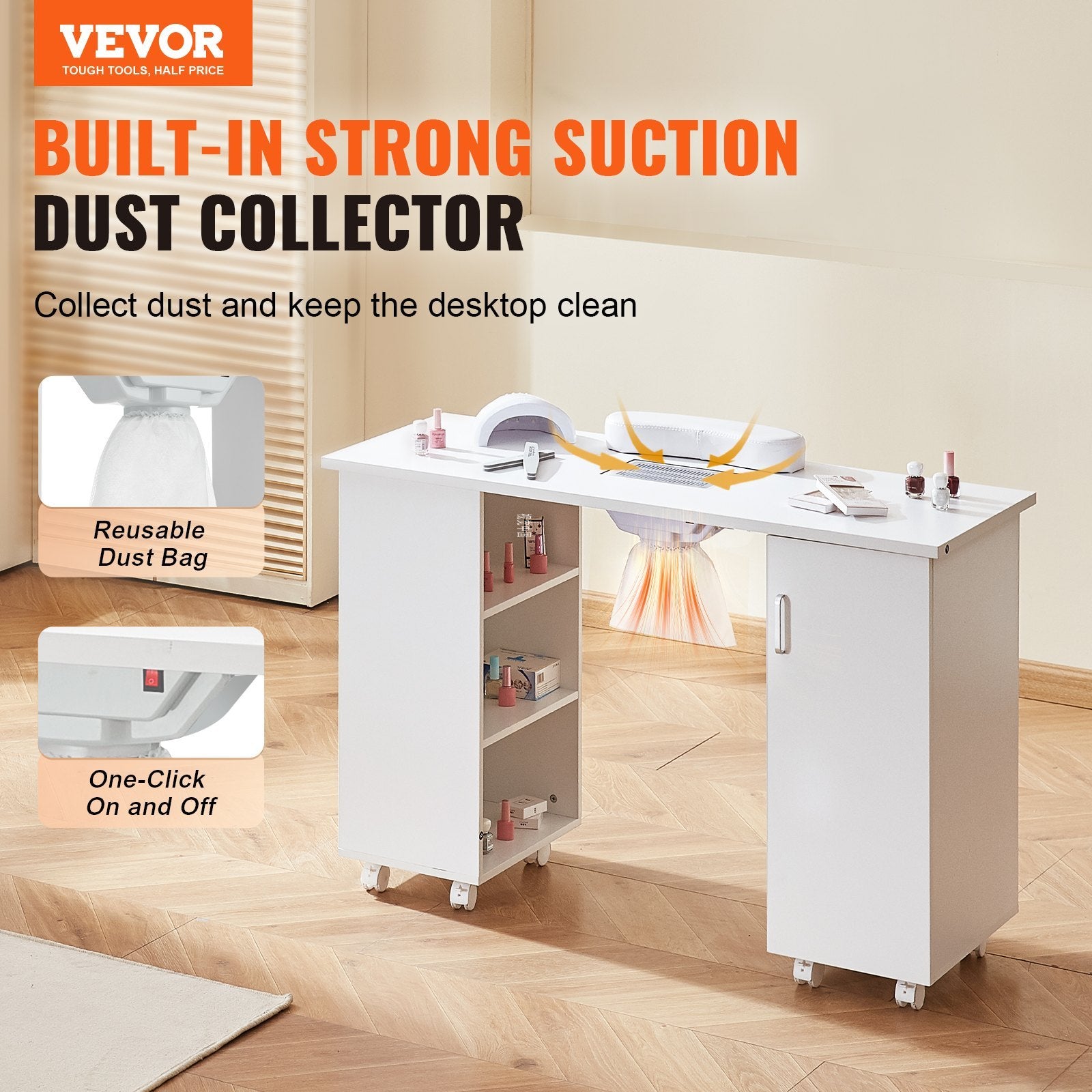 Manicure Table, Nail Table Station With Electric Dust Collector, Moveable Nail Tech Desk With 8 Wheels 4 Lockable, 3 Dust Bag & Wrist Rest, MDF Nail Art Workstation For Spa Beauty Salon, White