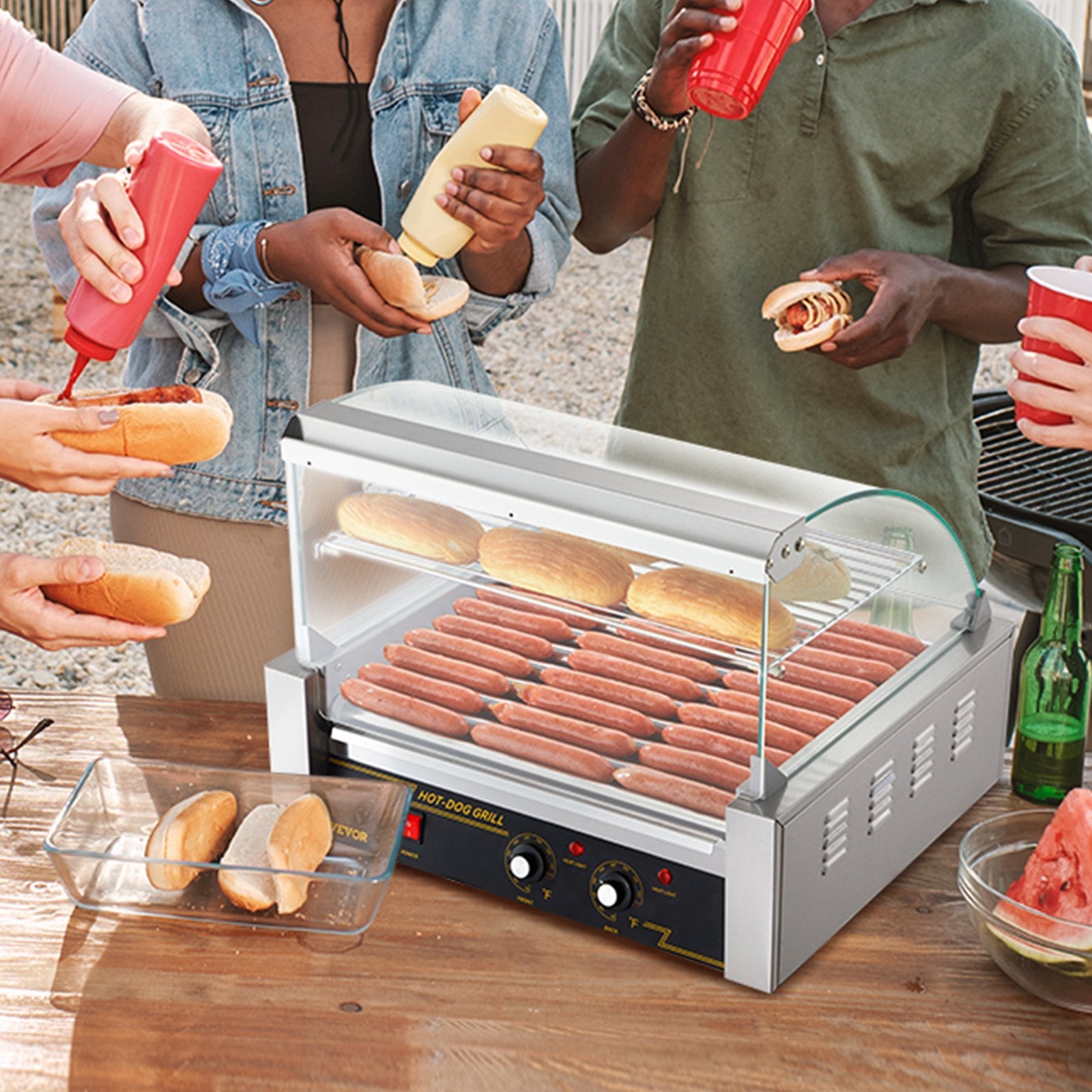 Hot Dog Roller, 11 Rollers 30 Hot Dogs Capacity, 1650W Stainless Sausage Grill Cooker Machine With Dual Temp Control Glass Hood Acrylic Cover Bun Warmer Shelf Removable Drip Tray, ETL Certified