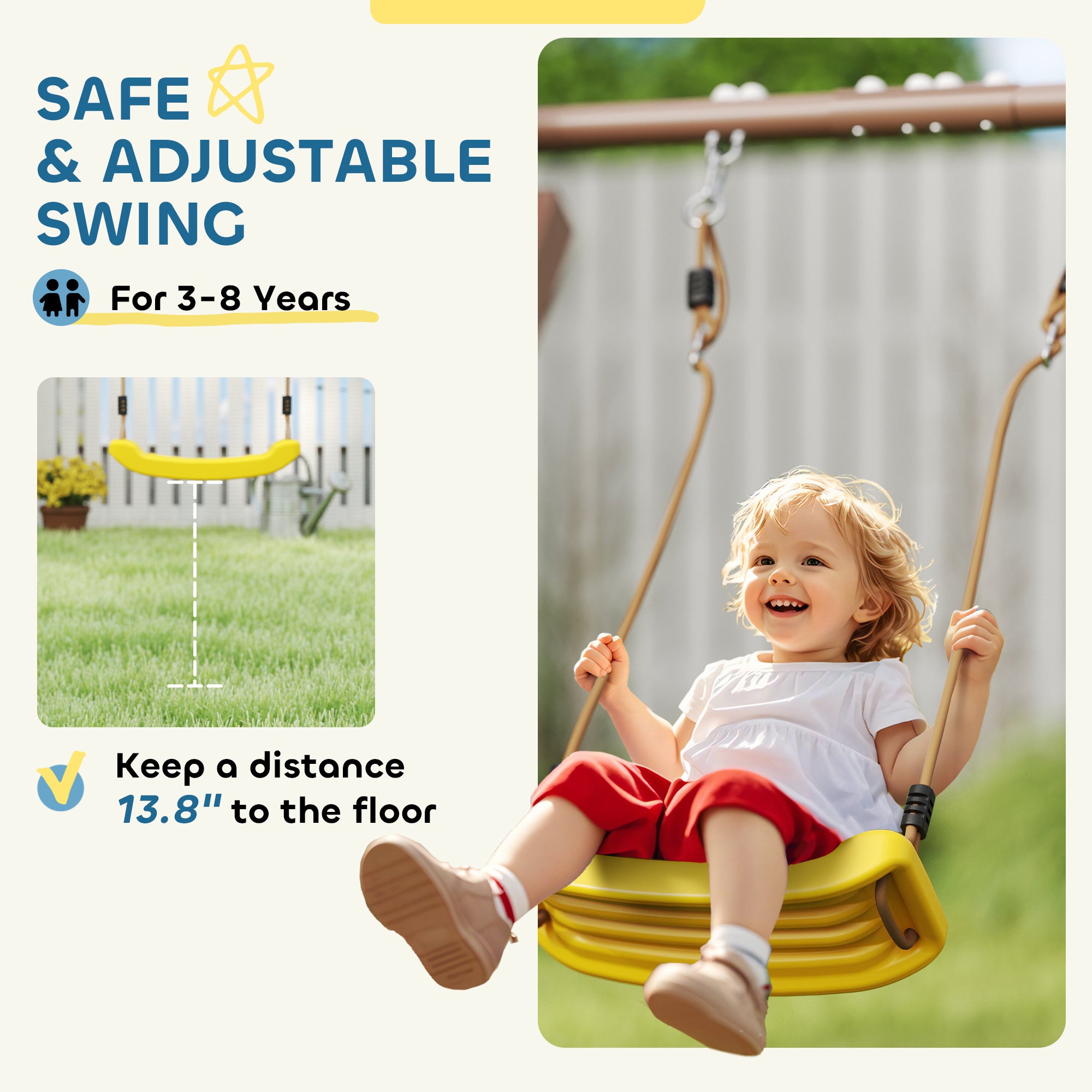 Kids Swing Set With 6 FT Slide, 2 Adjustable Swings, Fort With Canopy, Ladder, Ground Stakes For Ages 3-8, Brown
