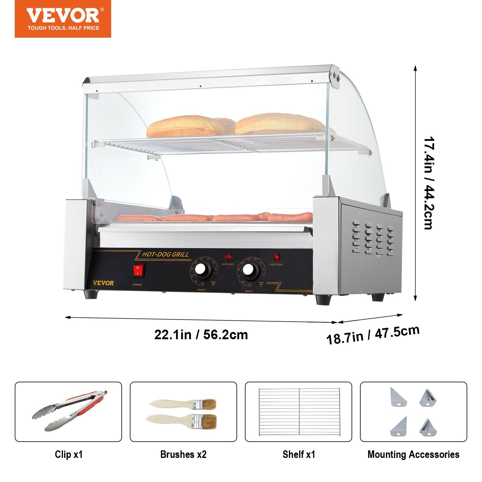 Hot Dog Roller, 11 Rollers 30 Hot Dogs Capacity, 1650W Stainless Sausage Grill Cooker Machine With Dual Temp Control Glass Hood Acrylic Cover Bun Warmer Shelf Removable Drip Tray, ETL Certified