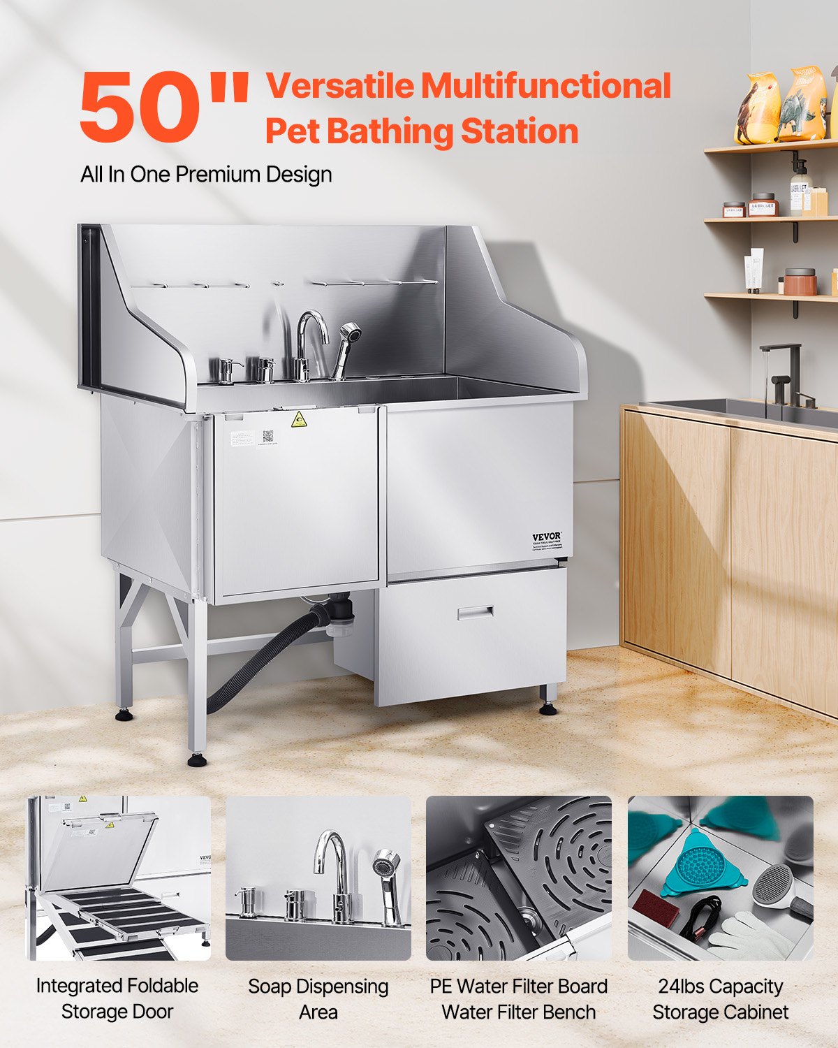 Stainless Steel Dog Washing Station, 127 Cm Pet Grooming Tub W/ Ramp, Faucet & Showerhead & Soap Holder Leash Dog Bathtub For Large & Medium & Small Pets (Left Door)